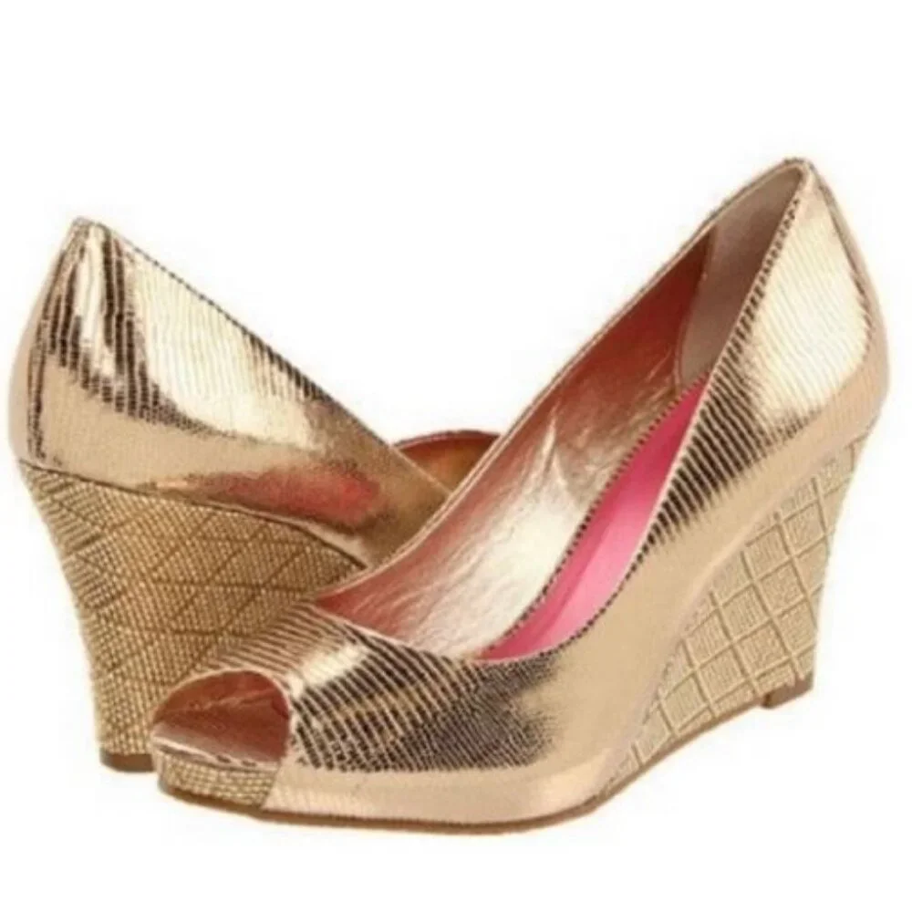 Lilly Pulitzer Gold Wedge Peep Toe Women's Shoes Sz 7.5 MSRP $ 148